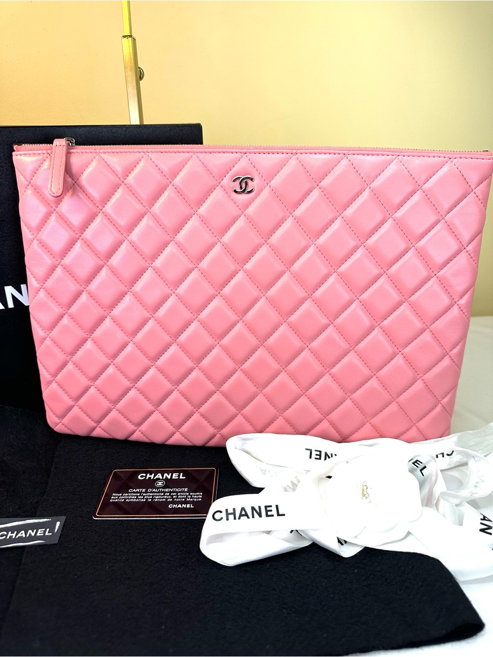 CHANEL Pink Quilted Lambskin Zip Pouch O-Case Fits Laptop, Box, card, #18 COA
